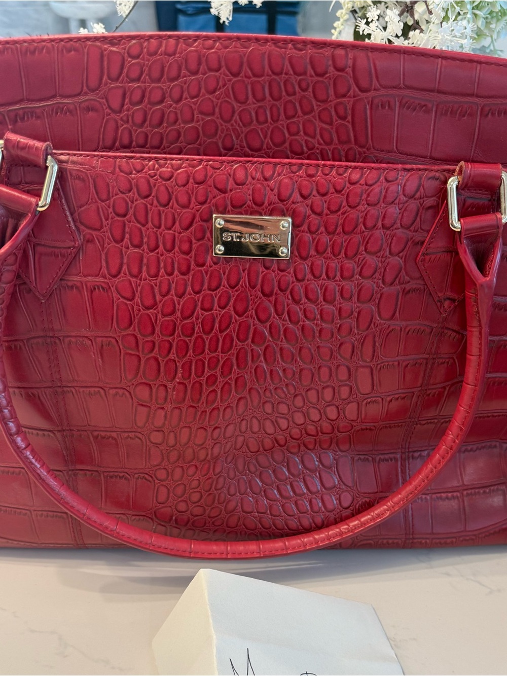 St. John Red Croc-Embossed Tote Bag